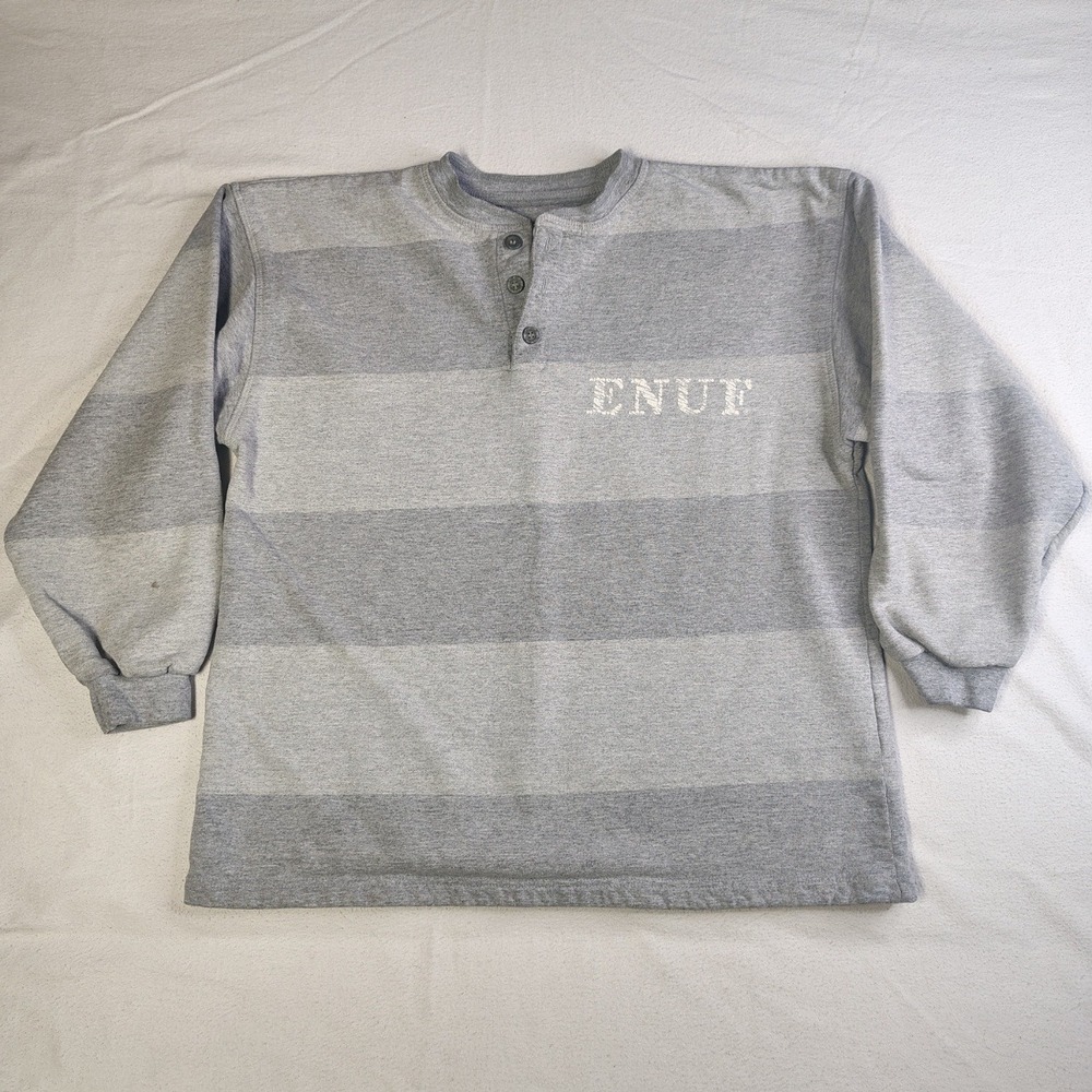 VINTAGE Enuf Internationale Henley Sweatshirt Mens Small Grey Striped USA